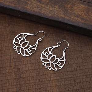 Boho Lotus <b>Hoop</b> <b>Earrings</b> Tribal Brass <b>Earrings</b> for Women <b>Silver</b> Plated Floral Design Wholesale <b>Earring</b> - Product Image 4