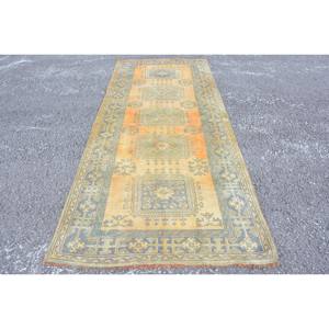 Vintage Turkish <b>Rug</b> Classic Orange Green Patchwork Design 4.3x9.8ft Wool Viscose Material Latex Backing for Living Room <b>Bedroom</b> - Product Image 1