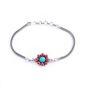 Bracelet fin en argent sterling 925 avec pierres précieuses multiples turquoise et corail, cadeau pour elle - Product Image 1