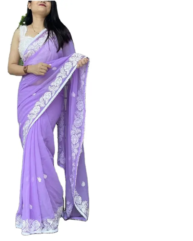 Linda Designer Georgette Com Rosca Bordada Designer Festival Saree Especial com Blusa