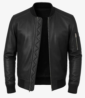 Blouson aviateur noir en cuir pour homme avec poignets et col côtelés | Vêtements d'extérieur classiques à fermeture éclair | OEM personnalisé disponible