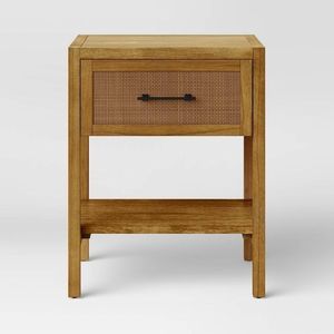 Table de chevet classique en teck moderne du milieu du siècle avec tiroir en rotin tissé à la main Table de chevet élégante avec étagère ouverte en bois massif - Product Image 1