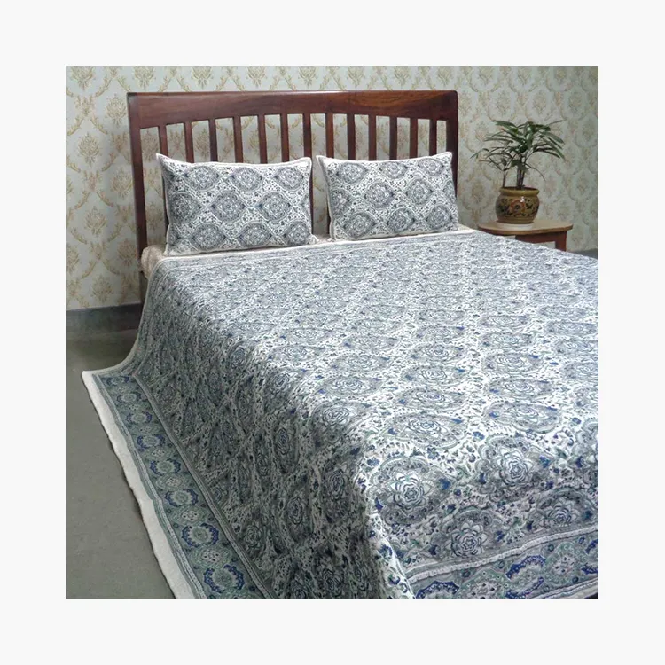 New Products Mandala Jade Grey Hand Block Printed Cotton Embroidered Queen Size Quilted Bedspread For Sale