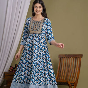 Vestido largo de calidad superior, bordado de secuencia, trabajo lateral, telar manual Dori, fabricante indio - Product Image 1