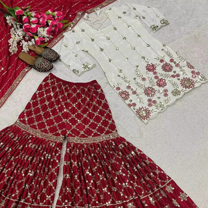 Traje de imitación Georgette Sharara Gharara de nuevo diseñador de moda proveedor al por mayor con trabajo de secuencia y bordado - Product Image 1