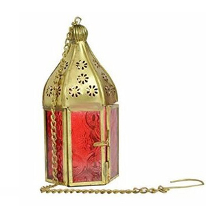 Linterna colgante de vela marroquí dorada de diseño clásico con linterna colgante de cristal naranja para decoración del hogar - Product Image 1