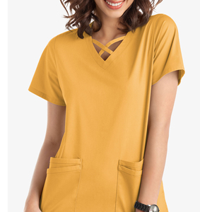 เสื้อสครับแพทย์ผู้หญิงแขนสั้นแบบใหม่ ผลิตตามสั่ง OEM ผ้าเนื้อยืดไร้รอยต่อ ตรวจจับรอยขาดได้ ผลิตตามแบบที่กำหนด - Product Image 6
