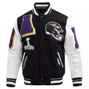 Pakistan Factory Custom Logo Leather Sleeves Embroidery Black <b>Wool</b> <b>White</b> Leather Sleeves College Letterman Varsity Jacket - Product Image 1