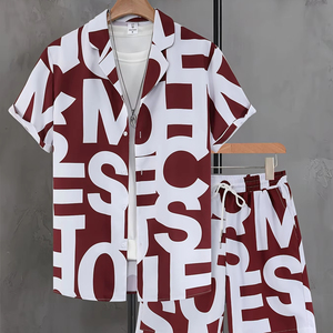 Conjunto de verano para hombre, conjunto informal de dos piezas ligero, conjunto de playa para hombre y conjunto de verano rojo y blanco transpirable para hombre - Product Image 1