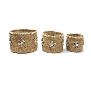 High Quality Flexible Design Bohemian Style Natural <b>Wicker</b> Seagrass <b>Storage</b> <b>Basket</b> Cowrie Shells Dimensional Tolerance <5mm - Product Image 1