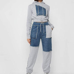 Sudadera Corta Ajustada de Alta Calidad, Cómoda, con Parche de Mezclilla Azul, Sudadera para Mujer, Chándal, Felpa de Algodón Gris Jaspeado - Product Image 1