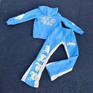 Haute qualité 100% coton en détresse broderie Jogging survêtement unisexe hommes survêtement survêtement survêtement pantalon de survêtement à capuche ensemble - Product Image 5