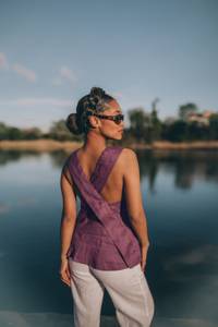 Boho เสื้อลินินผู้หญิงสีม่วงเปิดหลังไขว้ลายอเมทิสต์ผ้าลินินแบบเรียบง่ายย้อมสีไซส์ใหญ่รอบเอวธรรมชาติ - Product Image 4