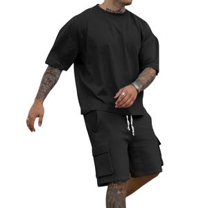 Costume deux pièces décontracté d'automne pour hommes, t-shirt à manches courtes et col rond de grande taille, short, tissu tricoté respirant, personnalisable - Product Image 3