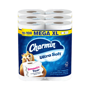 Charmin Ultra Soft 18 Mega XL Rollos 108 Rollos regulares Papel higiénico desechable fuerte con características antibacterianas y lavables - Product Image 1