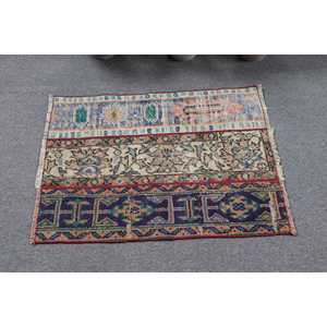 พรมตุรกี ขนาด 2.1x2.8 ฟุต สีน้ำเงินแดงลายตาราง ทำจากขนสัตว์ วินเทจ - Product Image 3