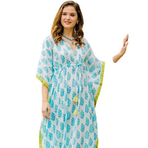 Luxueux moderne indien fabriqué à la main bloc imprimé longue coupe ample et robe caftan en coton léger avec petits pompons roses - Product Image 1