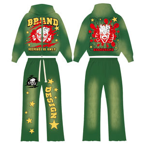 Ensemble de survêtement 2 pièces personnalisé avec logo, 100 % coton, effet délavé vintage, sweat à capuche zippé et pantalon évasé pour le streetwear - Product Image 1