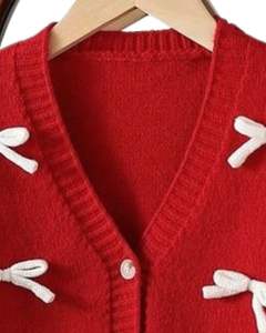 Manufacturer Custom Women Red <b>Cropped</b> Knit Cardigan Sweater With <b>White</b> Bow Applique V Neck Button Front Cute Winter Fashion <b>Top</b> - Product Image 4