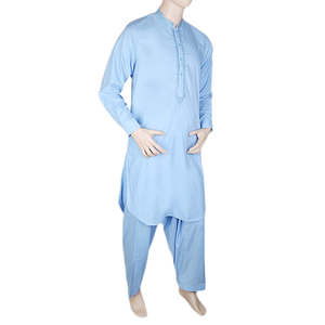 Shalwar Kameez Bordado con Cuello de Banda para Hombre - Azul - Product Image 1