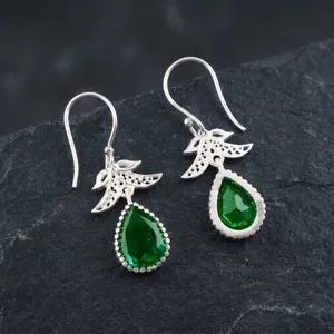 Women’s 925 Sterling Silver Bohemian Drop Earrings Geometric Pattern Green <b>Emerald</b> Bezel <b>Set</b> Handmade Dangle Earrings - Product Image 4