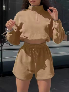 RAM Industry 2025 Collection été Ensemble short à capuche décontracté pour femme Manches longues Demi-col haut avec fermeture éclair Ensemble deux pièces - Product Image 3