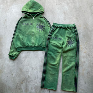 Ensemble survêtement vintage en coton délavé avec capuche double à fermeture éclair, imprimé personnalisé et rayures brodées, pantalon de survêtement ample à ourlet brut - Product Image 1