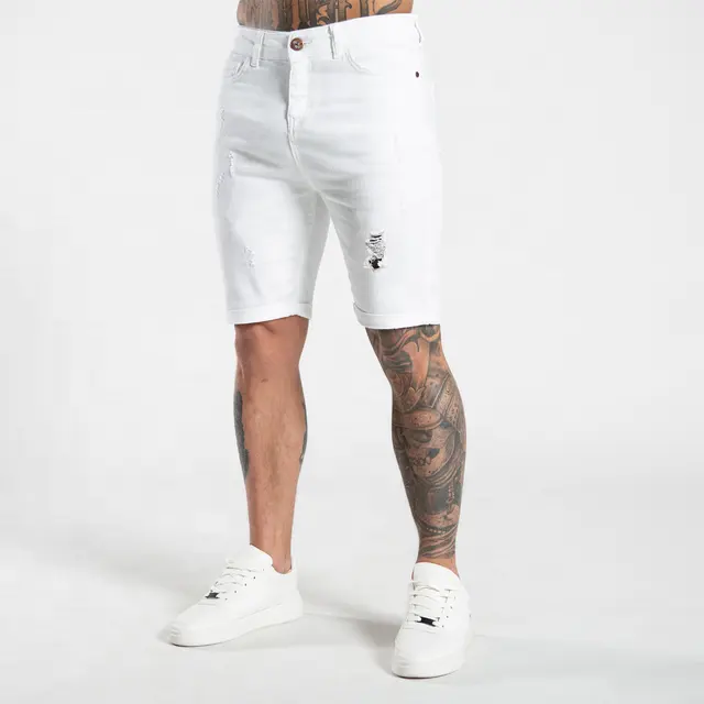 White color distressed men denim shorts in the slim fitting 2022 summer