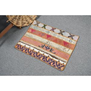 พรมขนสัตว์ขนาดเล็กแบบเป็นมิตรกับสิ่งแวดล้อมสไตล์ตุรกี 1.7x2.3 ฟุต สีส้มลายปะติด พร้อมแผ่นรองหลังทำจากยางลาเท็กซ์ - Product Image 1