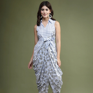 Blue Colored Printed Jumpsuit <b>Boho</b> Romper With Pockets & Loose Elastic Waistband Customized <b>Petite</b> <b>Dress</b> at Wholesale Prices OEM - Product Image 1