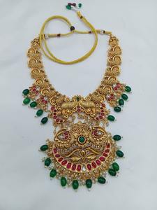 Traditional South Indian Temple <b>Long</b> <b>Necklace</b> Set with Gold Plated Vintage Design Crystal Rhinestone Earrings for Wedding Party - Product Image 3