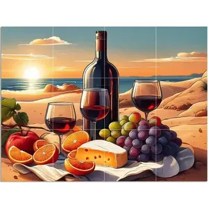 Mural de pared de cocina, vino, queso, naranjas, Naturaleza muerta en mármol, cerámica para salpicaduras de cocina - Product Image 1