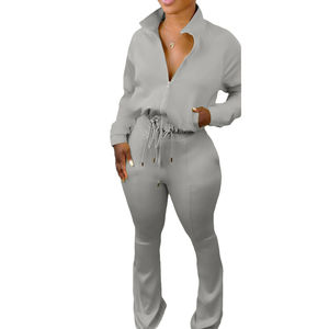 Ensemble de pantalons de jogging vintage deux pièces pour femmes Survêtement évasé à jambe large avec motif solide pour un jogging confortable - Product Image 5