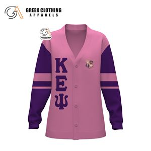Vente en gros de cardigan en coton tricoté personnalisé avec lettres, organisation Kapa Epsilon Psi, boutonné, poche, col en V, broderie de lettres, pull - Product Image 2
