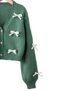 Customized <b>Women</b> Olive Green <b>Cropped</b> Knit <b>Cardigan</b> Sweater With White Bow Applique V Neck Button Front Cute Winter Fashion Top - Product Image 2