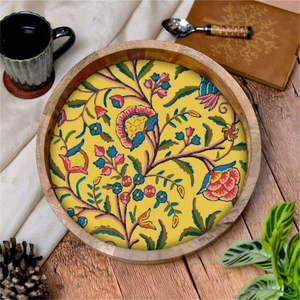 Plateau de service imprimé floral en bois avec poignée coupe émail de forme ronde coting plateau de service aspect brillant - Product Image 1