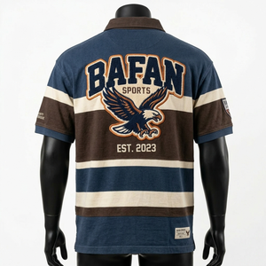 Chemises de rugby pour hommes en tissu mélangé coton de haute qualité, design à rayures bleu marine et marron, logo brodé personnalisé. - Product Image 2