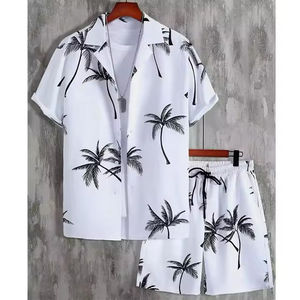 Venta al por mayor nuevo diseño hombres vacaciones de verano ocio playa solapa Color sólido camiseta pantalones cortos traje logotipo personalizado - Product Image 2