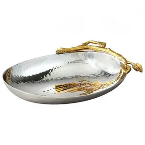 Metal Marreado OVAL SERVIÇO SNACK BANDEJA COM folha DOURADA PUNHO DE METAL SIZZLER PLATTER HANDMADE