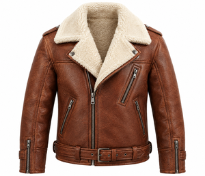 Veste en cuir pour homme avec col en fausse fourrure, fermeture éclair, style motard d'hiver - Product Image 1