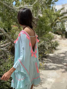 Vente en gros de la dernière robe kaftan bohème en coton 100% brodée bleu et blanc, manches longues, ceinture, col libre, 6XL, plage - Product Image 2