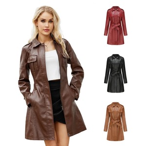 Meilleur cuir femmes Trench manteaux col rabattu manches longues mi-longueur manteau à lacets taille serrée Slim Fit décontracté régulier solide - Product Image 1