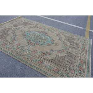 Vintage 6.5x10.3 ft Rug, Large Turkish Rug, <b>Brown</b> Striped <b>Wool</b> Rug - Product Image 1