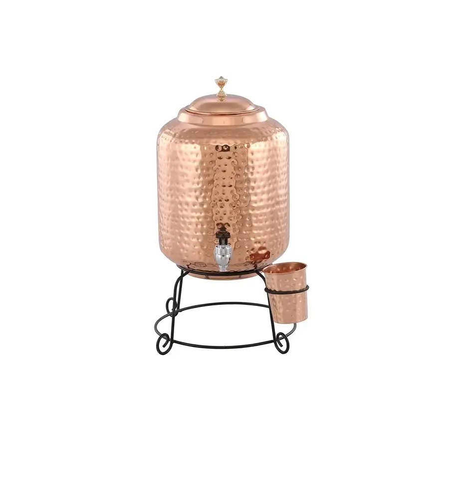 pure Copper water Dispenser with stand shiny Hammered design 5 Litre water pot health benefit Water Dispenser