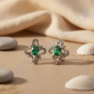 Boucles d'oreilles vintage en forme de fleur, plaquées argent, avec cristaux émeraude et strass, bijoux de fête pour femmes - Product Image 3