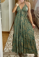 Robe longue de luxe bohème chic à imprimé floral cachemire noir et or, manches courtes, col en V, taille naturelle, écologique et lavable