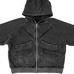 Sweat à capuche d'hiver surdimensionné, lavé à l'acide, personnalisé 100% coton épais, fermeture éclair intégrale, coupe-vent écologique pour hommes et femmes - Product Image 3