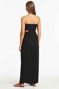 Robe longue noire d'été à épaules dénudées pour femmes Robe longue sans bretelles en gaze de coton pour la plage Robe longue smockée au sol - Product Image 3