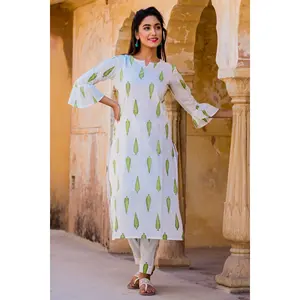 Conjunto de Kurta de Algodón Blanco con Estampado para Oficina y Uso Casual para Mujer - Product Image 4