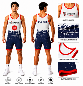 SINEWY SPORTS Singlet de Lucha Personalizado para Hombre, Traje Deportivo Ajustado de Una Pieza, Azul, Rojo y Blanco, Impresión por Sublimación, Elástico y Transpirable - Product Image 1
